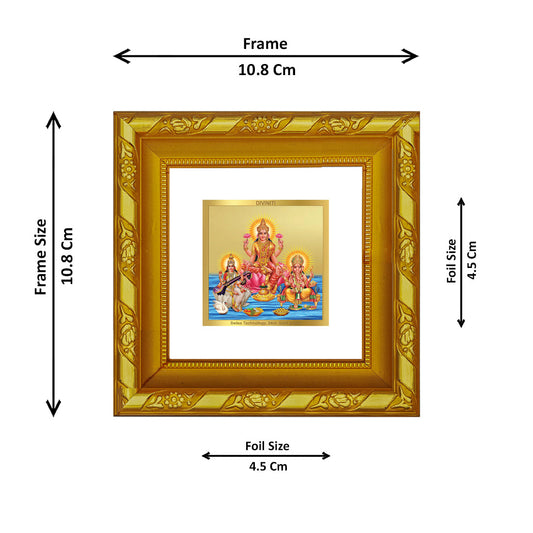 DIVINITI 24K Gold Plated Lakshmi Ganesha Saraswati Photo Frame For Home Decor, Puja (10.8 X 10.8 CM)