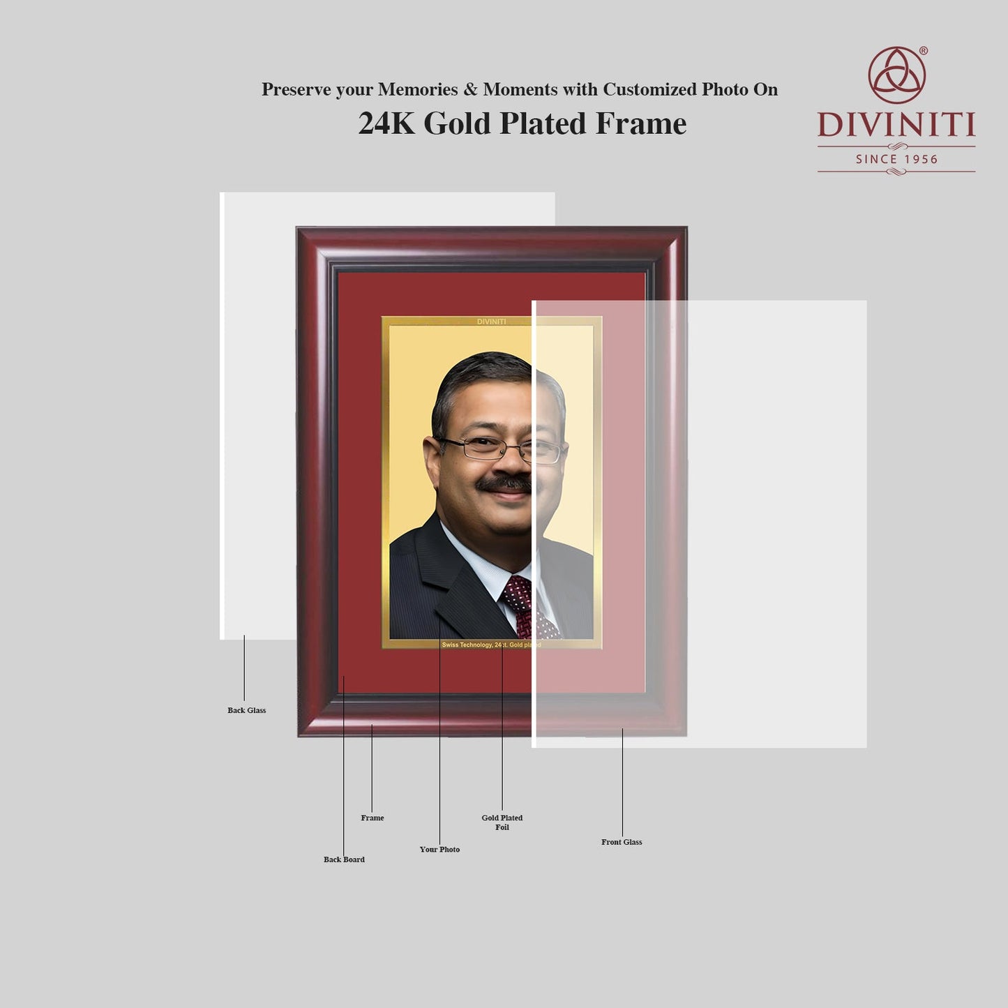 Diviniti Photo Frame With Customized Photo Printed on 24K Gold Plated Foil| Personalized Gift for Birthday, Marriage Anniversary & Celebration With Loved Ones|DG Frame with Backboard Size 4