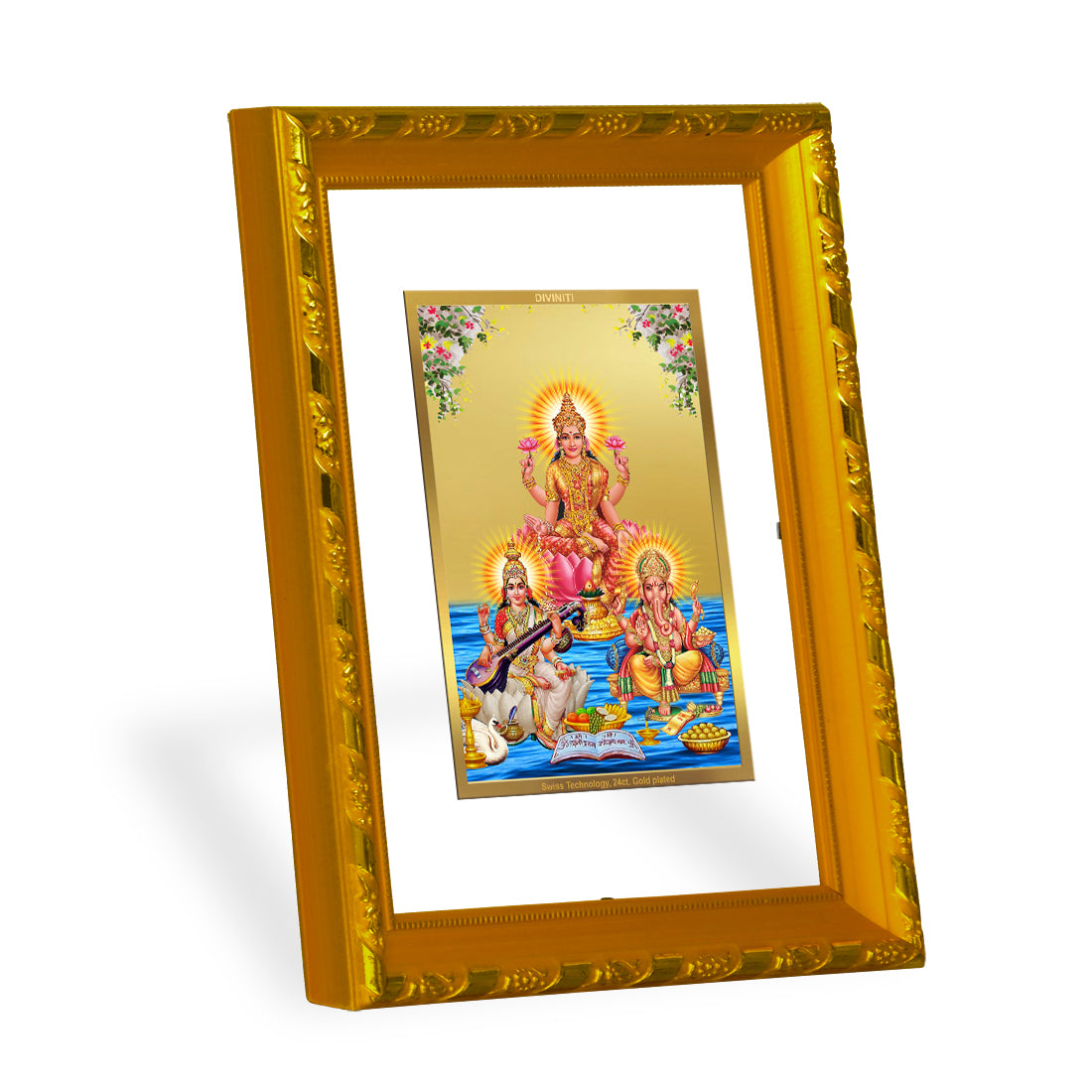 DIVINITI 24K Gold Plated Lakshmi Ganesha Saraswati Wall Photo Frame For Home Decor, Gift (21.5 X 17.5 CM)