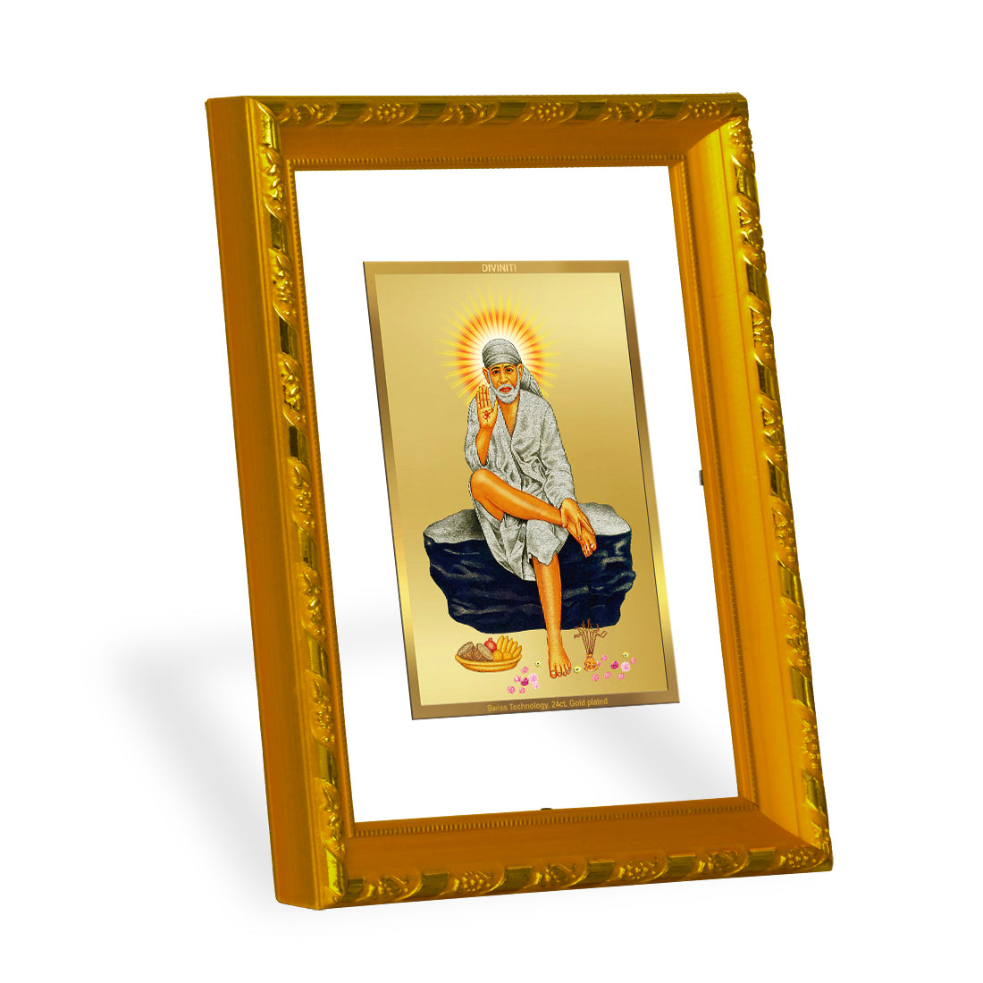 DIVINITI 24K Gold Plated Sai Baba Photo Frame For Home Wall Decor, Tabletop, Gift (21.5 X 17.5 CM)