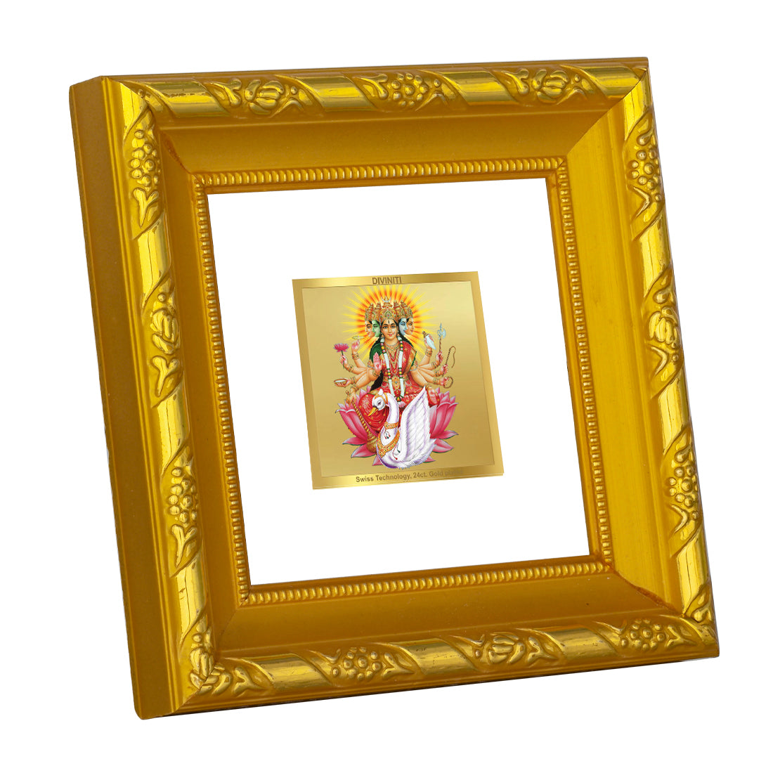 DIVINITI 24K Gold Plated Gayatri Mata Photo Frame For Home Decor, Festival Puja, Gift (10.8 X 10.8 CM)