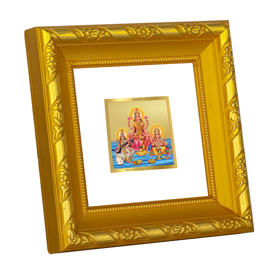 DIVINITI 24K Gold Plated Lakshmi Ganesha Saraswati Photo Frame For Home Decor, Puja (10.8 X 10.8 CM)