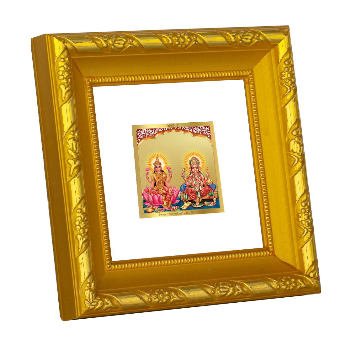 DIVINITI 24K Gold Plated Lakshmi Ganesha Photo Frame For Home Decor, Diwali Puja, Wealth (10.8 X 10.8 CM)