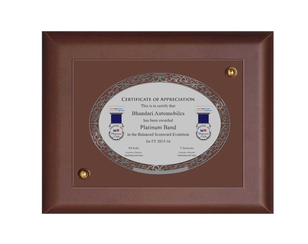 DIVINITI 24K GOLD PLATED MDF FRAME CERTIFICATE OF APPRECIATION