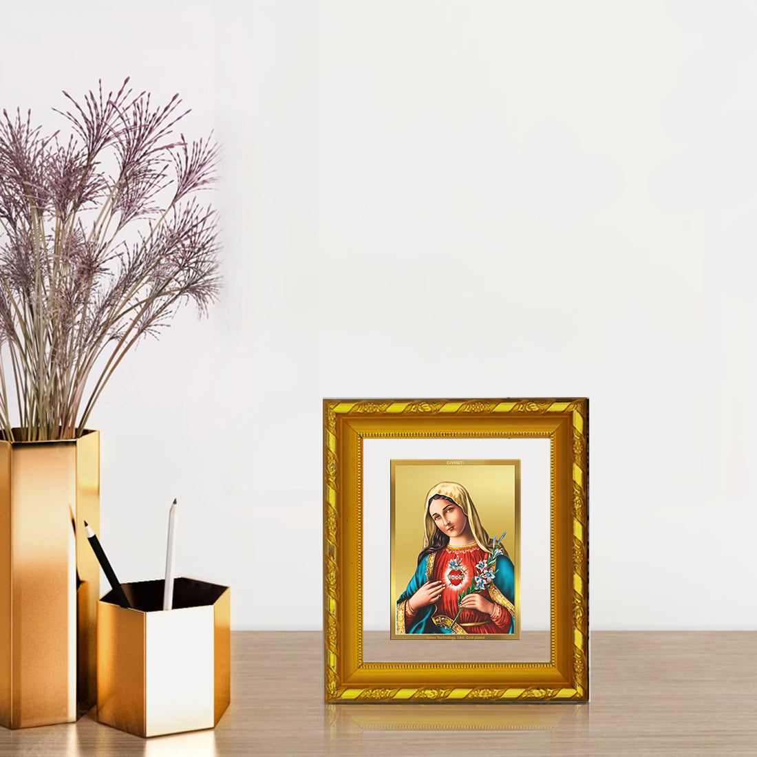 DIVINITI 24K Gold Plated Mother Mary Photo Frame For Home Wall Decor, Luxury Gift (15.0 X 13.0 CM)