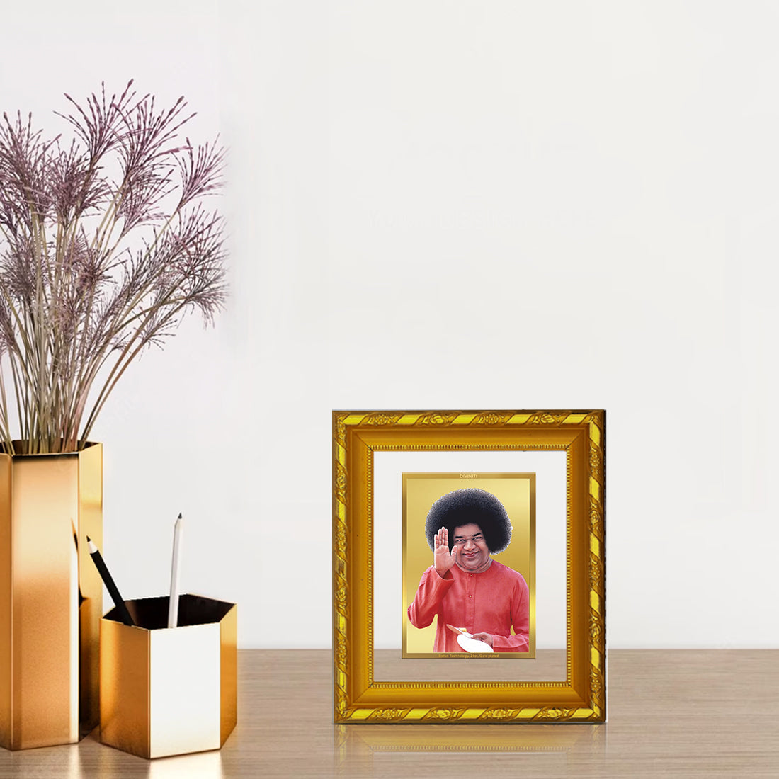 DIVINITI 24K Gold Plated Sathya Sai Baba Photo Frame For Home Wall Decor, Tabletop (15.0 X 13.0 CM)