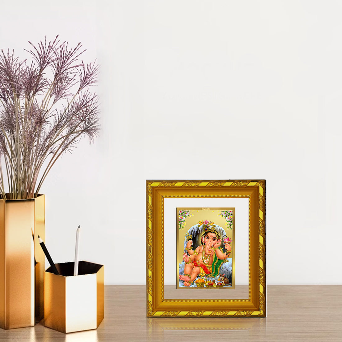 DIVINITI 24K Gold Plated Bal Ganesha Photo Frame For Home Wall Decor, Festival Gift (15.0 X 13.0 CM)