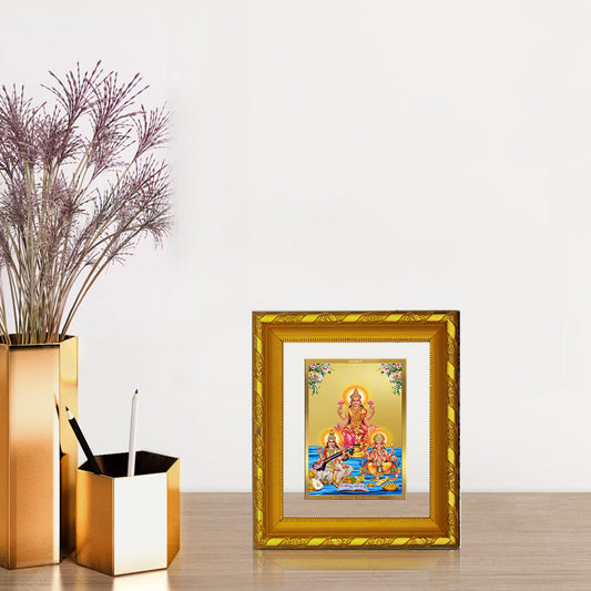 DIVINITI 24K Gold Plated Lakshmi Ganesha Saraswati Photo Frame For Home Wall Decor, Puja (15.0 X 13.0 CM)