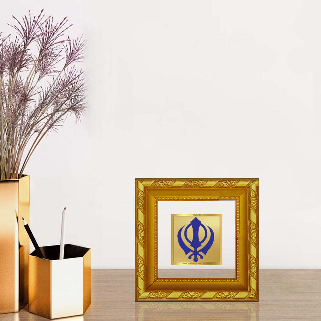 DIVINITI 24K Gold Plated Khanda Sahib Photo Frame For Home Decor Showpiece, Office, Gift (10.8 X 10.8 CM)