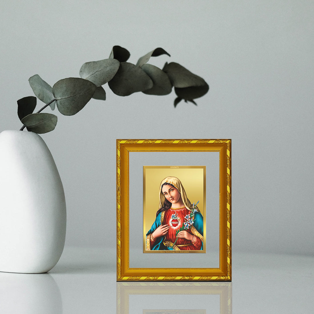 DIVINITI 24K Gold Plated Mother Mary Photo Frame For Home Wall Decor, Prayer, Gift (21.5 X 17.5 CM)