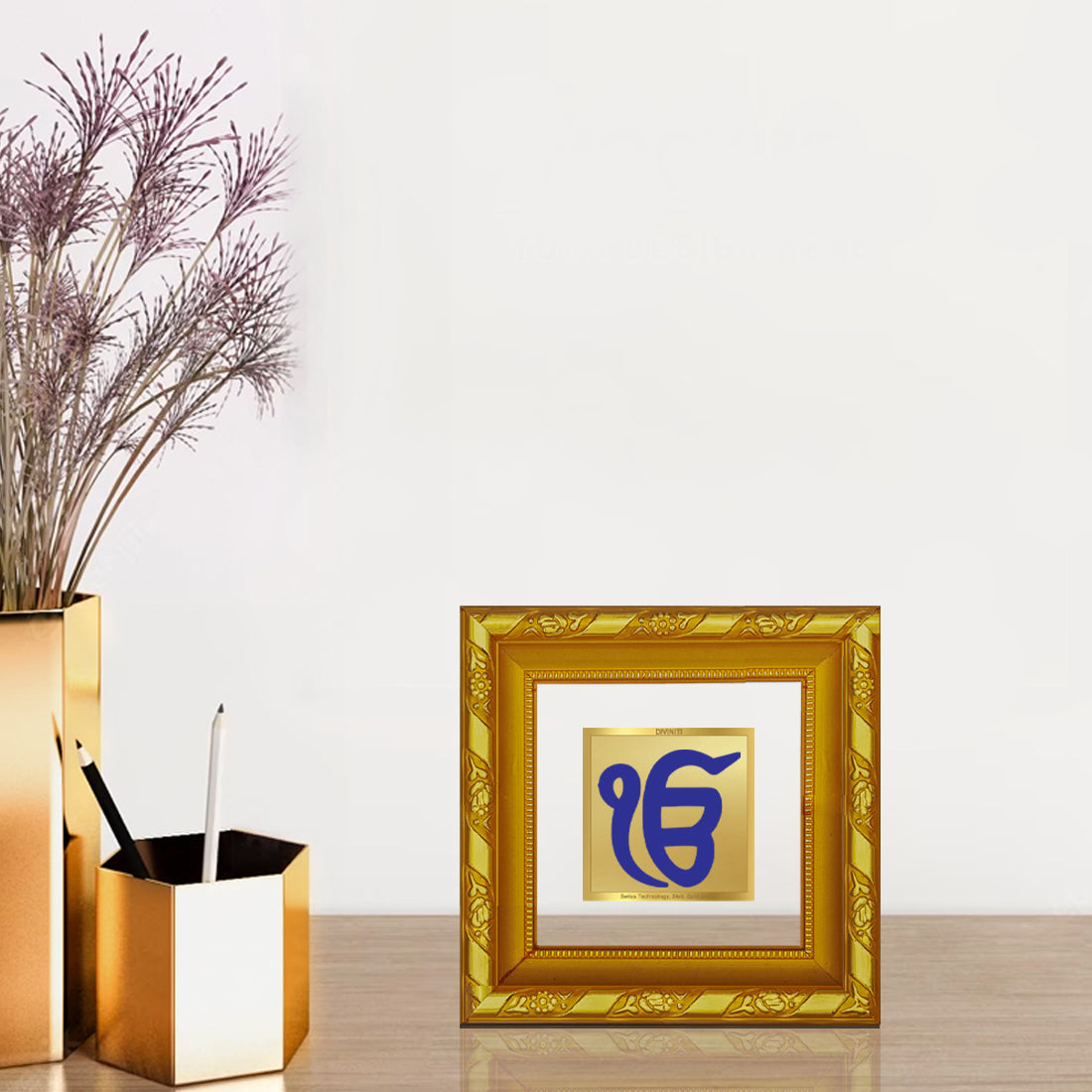 DIVINITI 24K Gold Plated Ik Onkar Photo Frame For Living Room, TableTop, Prayer, Gift (10.8 X 10.8 CM)