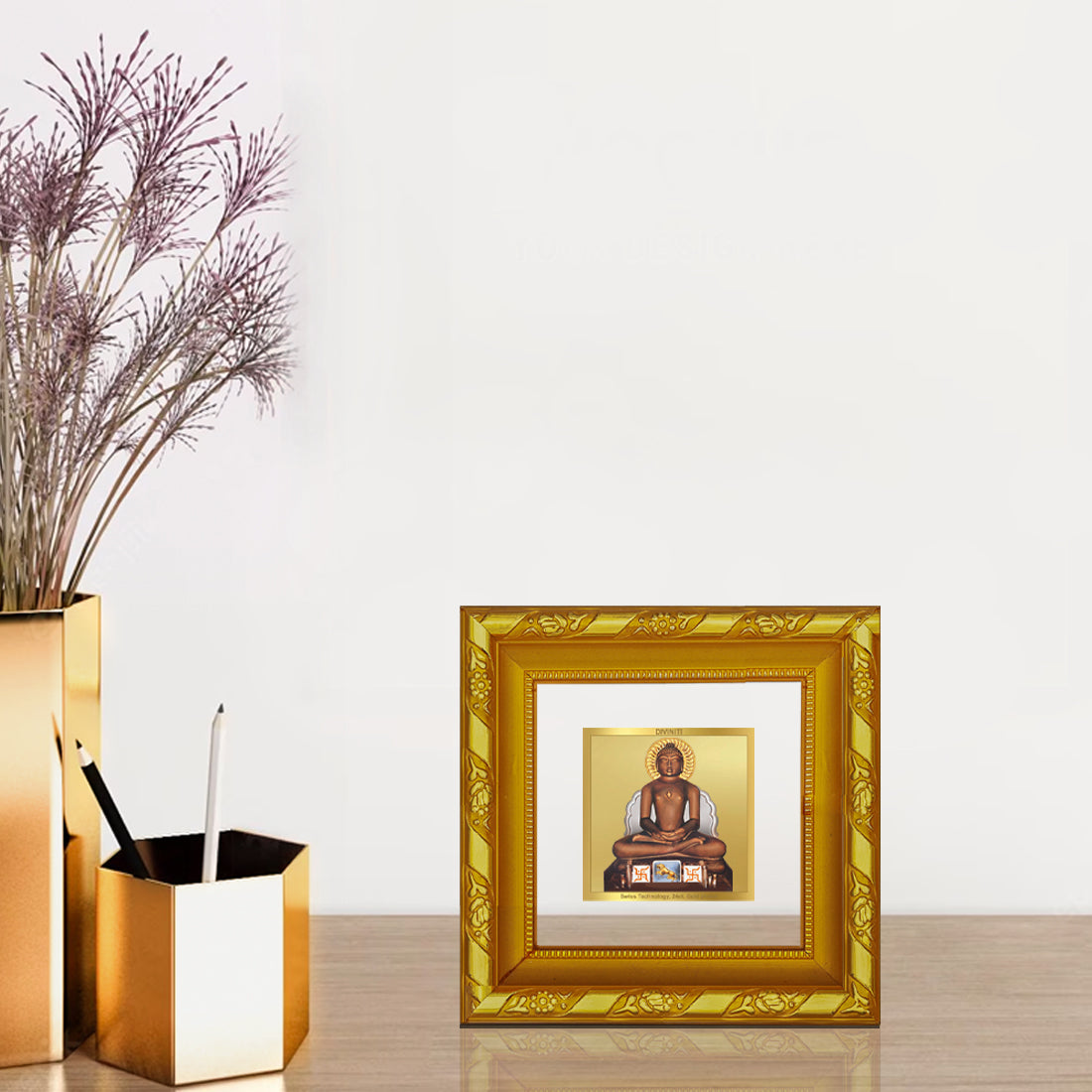 DIVINITI 24K Gold Plated Mahavira Photo Frame For Home Decor Showpiece, Prayer, Gift (10.8 X 10.8 CM)