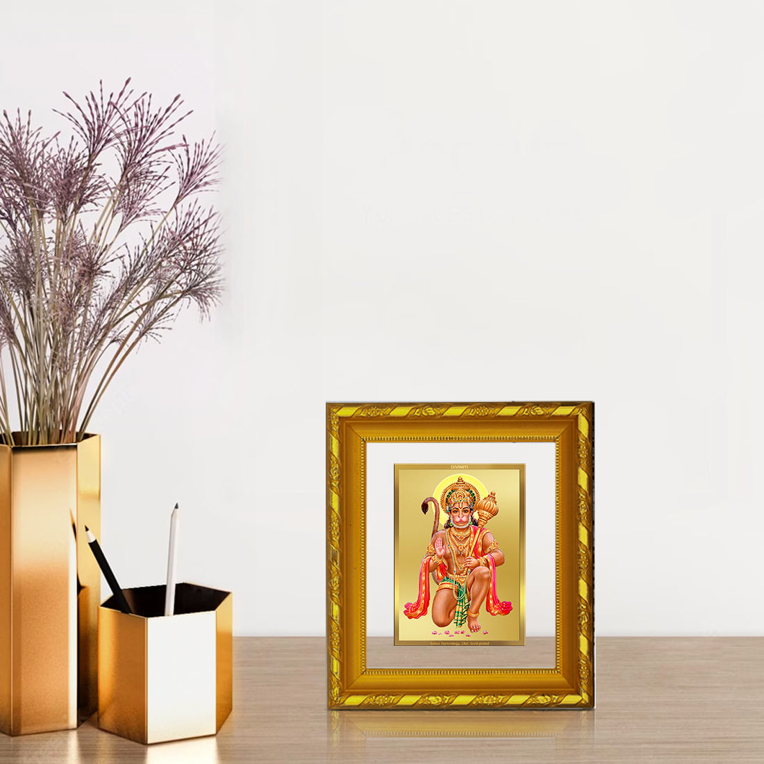 DIVINITI 24K Gold Plated Lord Hanuman Photo Frame For Home Wall Decor, TableTop, Puja (15.0 X 13.0 CM)