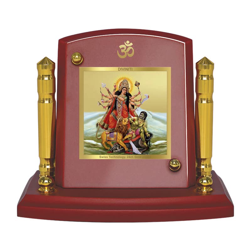 Diviniti 24K Gold Plated Durga Mata For Car Dashboard, Home Decor, Puja Room & Gift (7 x 9 CM)