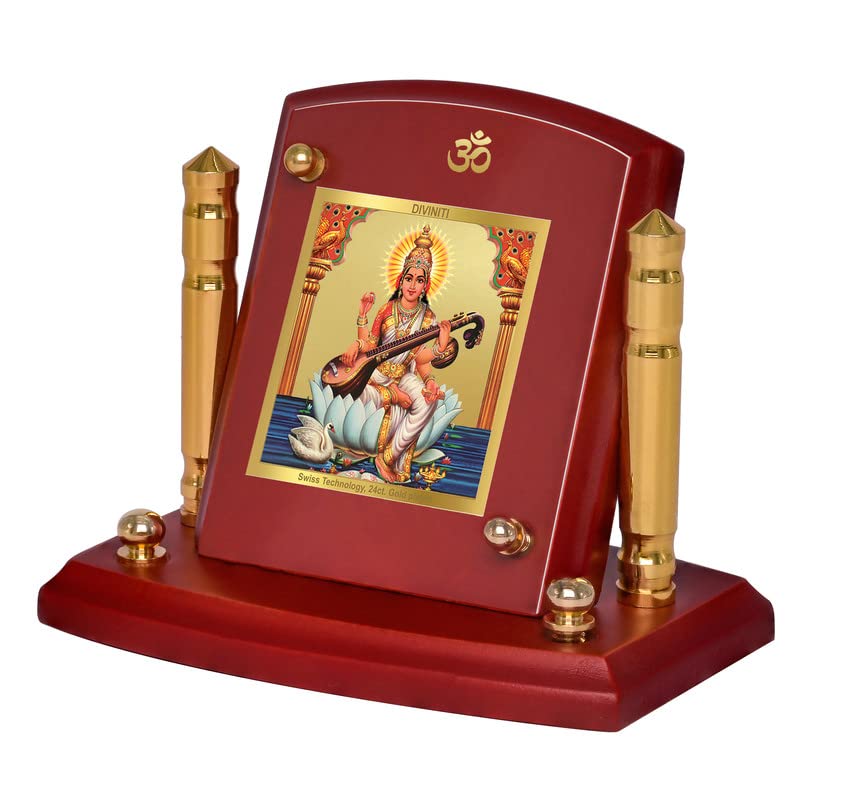 Diviniti 24K Gold Plated Saraswati Mata Frame For Car Dashboard, Home Decor, Table, Puja (7 x 9 CM)