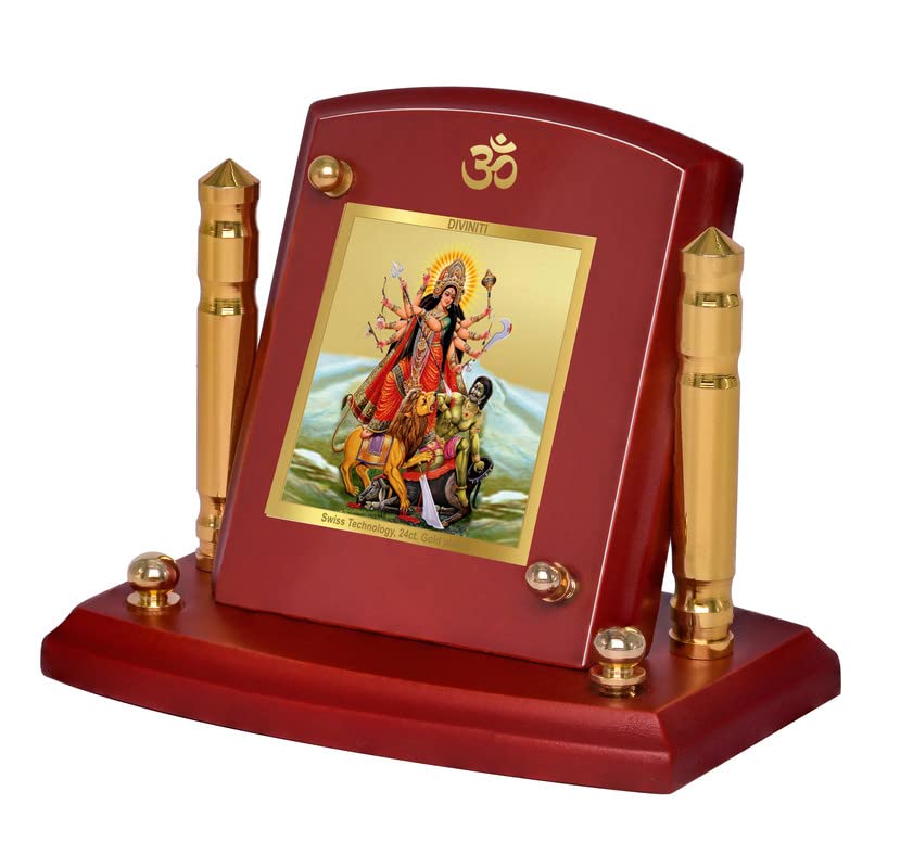 Diviniti 24K Gold Plated Durga Mata For Car Dashboard, Home Decor, Puja Room & Gift (7 x 9 CM)