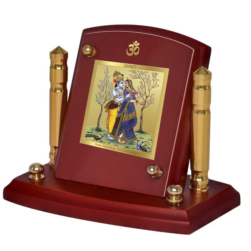 Diviniti 24K Gold Plated Radha Krishna For Car Dashboard, Home Decor, Puja, Gift (7 x 9 CM)