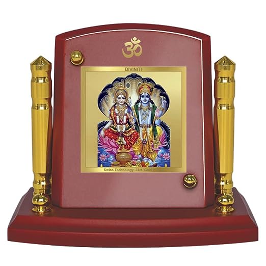 Diviniti 24K Gold Plated Vishnu Lakshmi For Car Dashboard, Home Decor, Worship & Gift (7 x 9 CM)