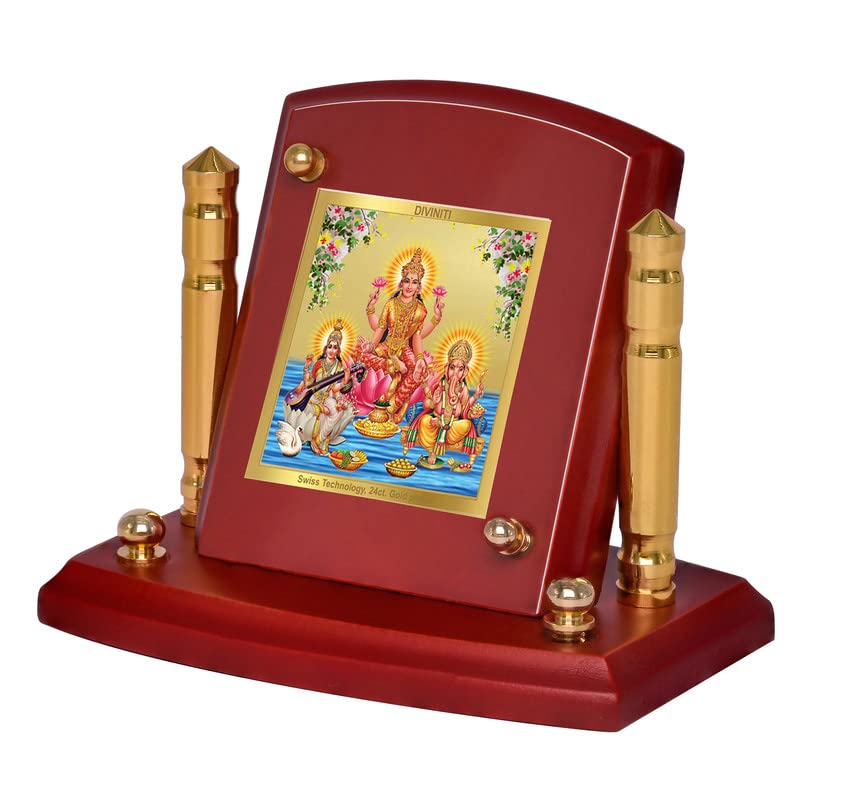 Diviniti 24K Gold Plated Lakshmi Ganesha Saraswati For Car Dashboard, Home Decor, Puja (7 x 9 CM)