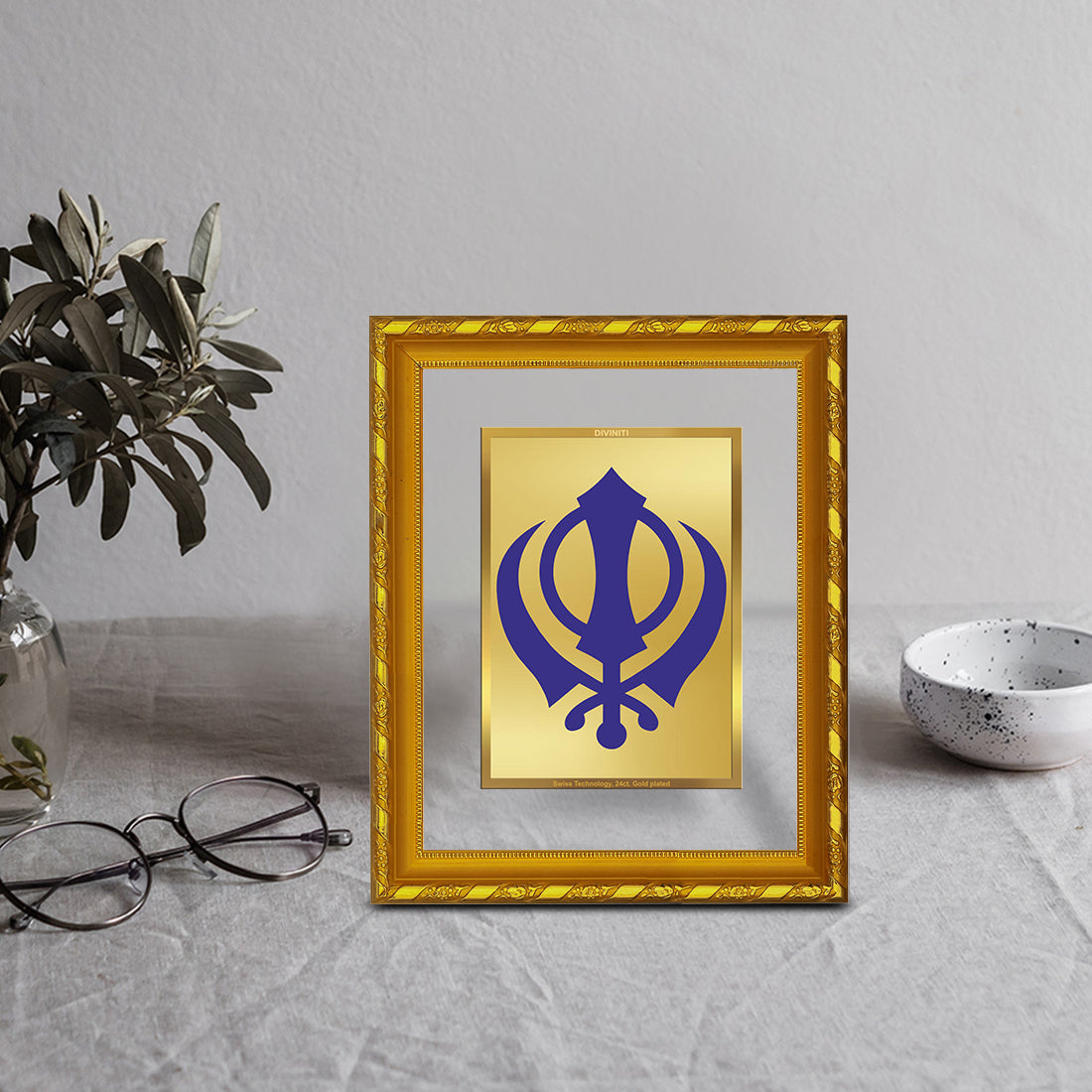 DIVINITI 24K Gold Plated Khanda Sahib Photo Frame For Home Wall Decor, Luxury Gift (21.5 X 17.5 CM)