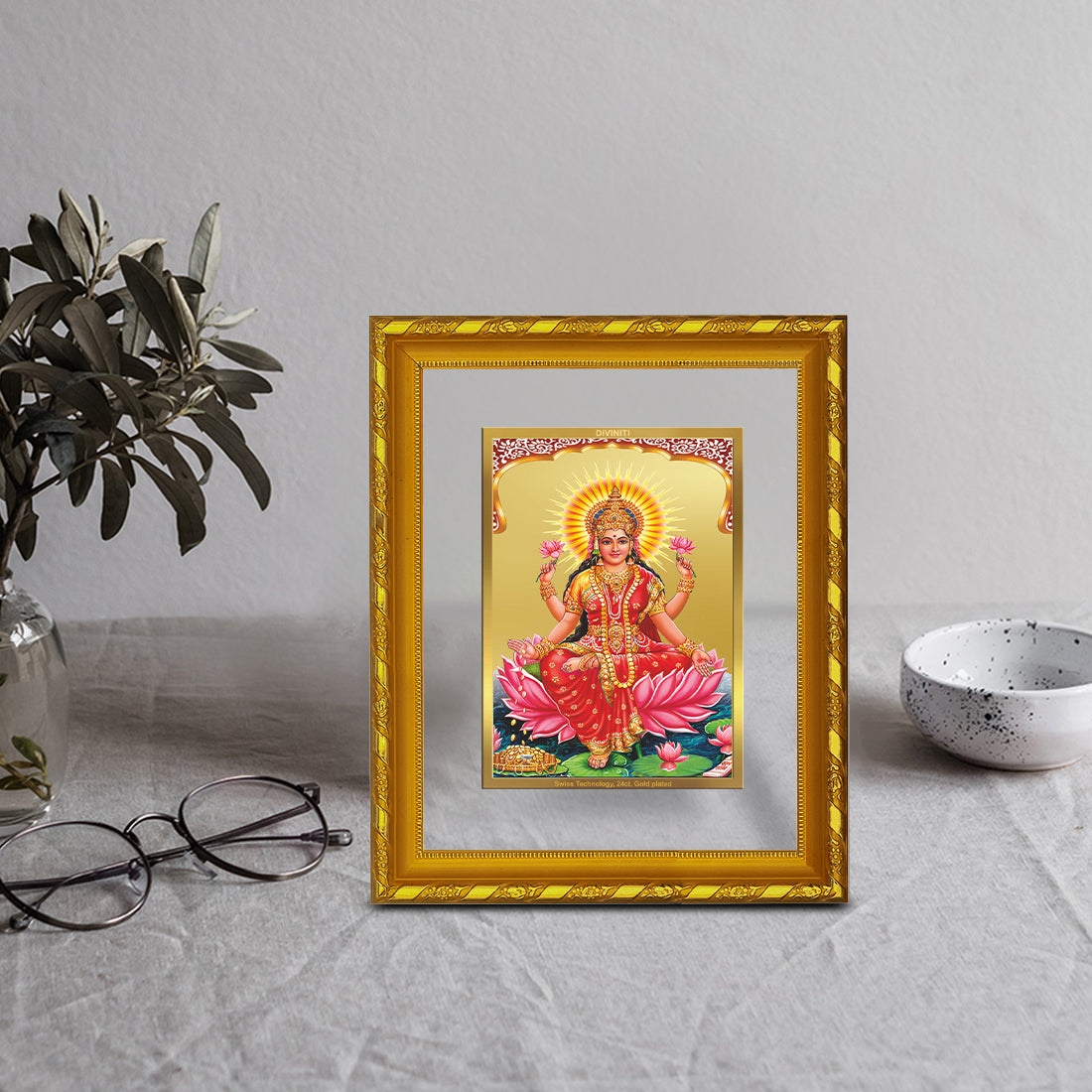 Diviniti 24K Gold Plated Laxmi Mata Photo Frame for Home Decor Showpiece (21.5 CM x 17.5 CM)