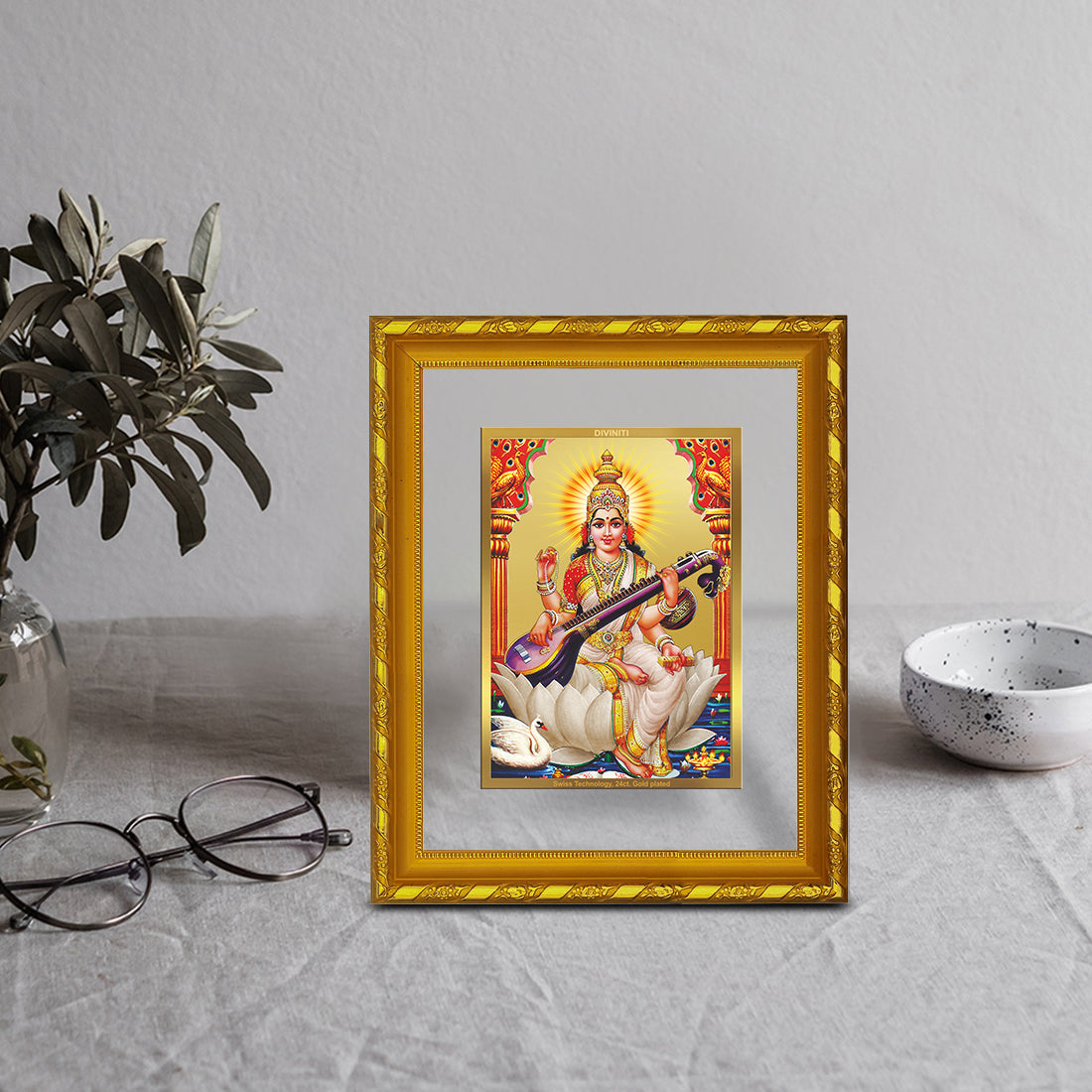 DIVINITI 24K Gold Plated Saraswati Mata Photo Frame For Home Wall Decor, Tabletop (21.5 X 17.5 CM)