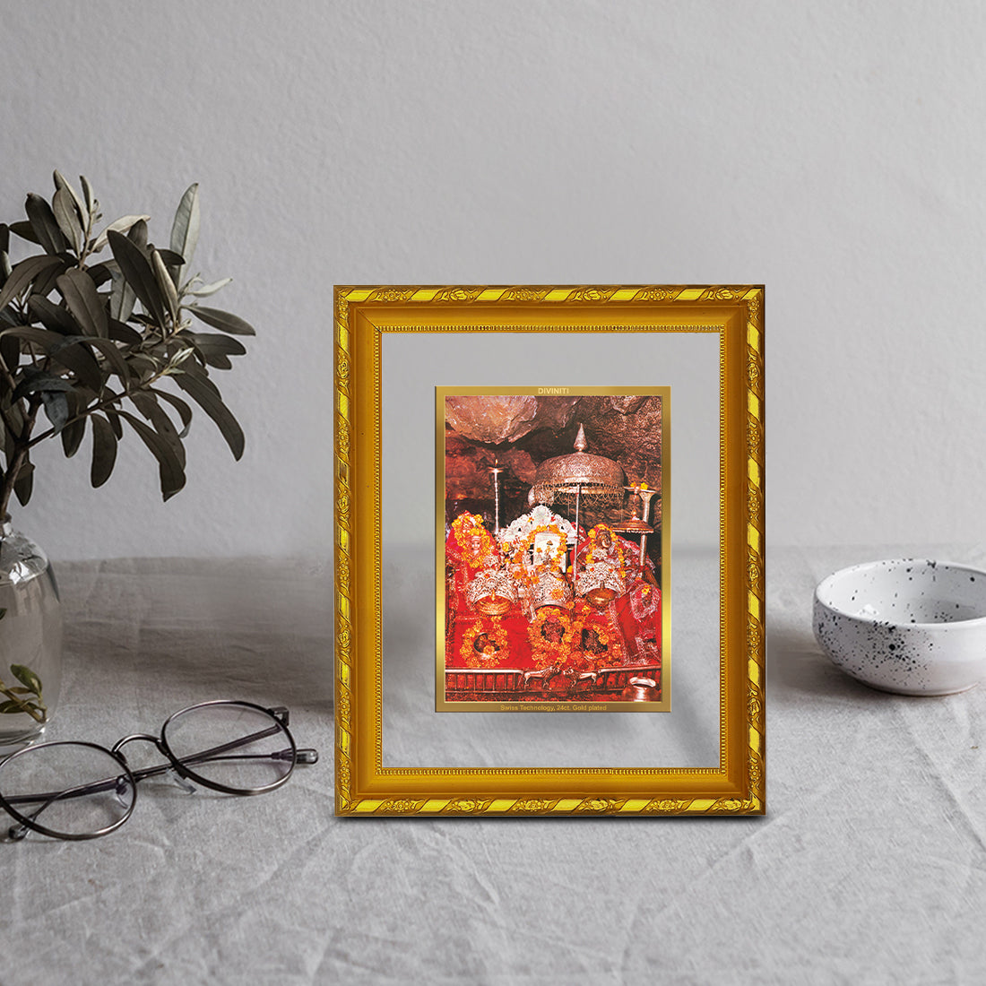 DIVINITI 24K Gold Plated Mata Ka Darbar Wall Photo Frame For Home Decor, Navratri Gift (21.5 X 17.5 CM)