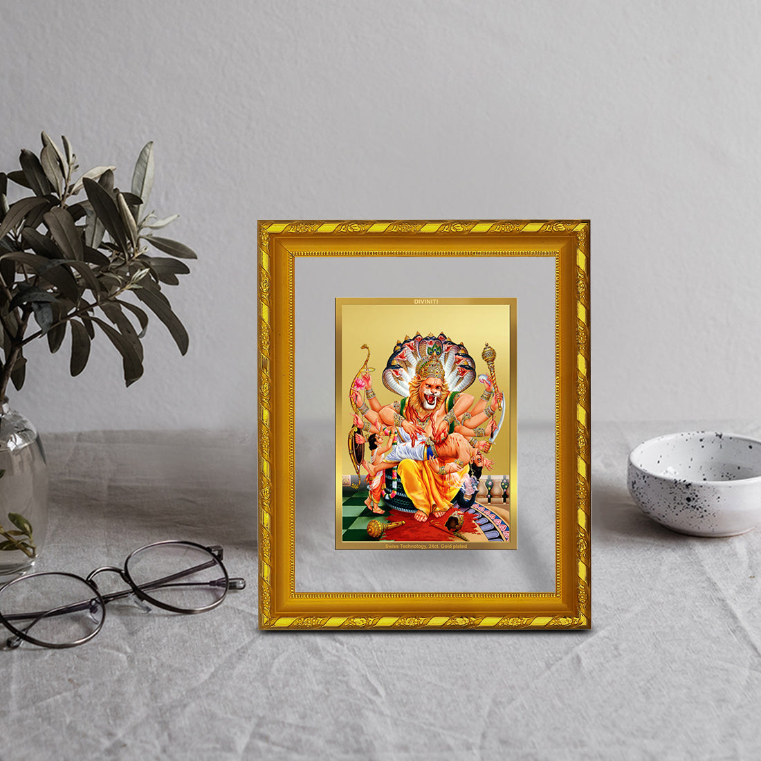 DIVINITI 24K Gold Plated Narsimha Photo Frame For Home Wall Decor, Festival Gift (21.5 X 17.5 CM)