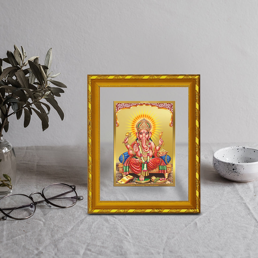 DIVINITI 24K Gold Plated Lord Ganesha Photo Frame For Home Wall Decor, Tabletop, Worship (21.5 X 17.5 CM)