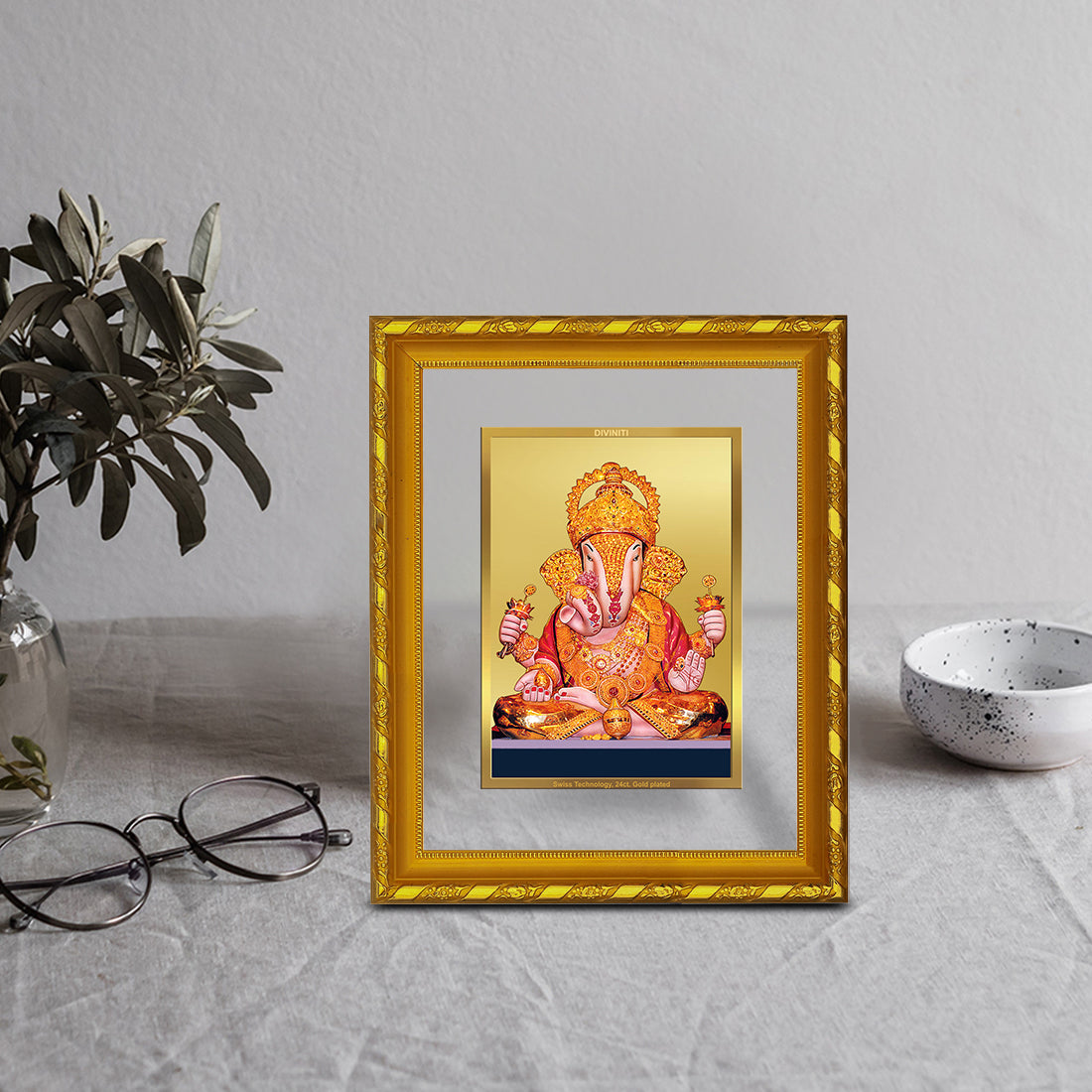 DIVINITI 24K Gold Plated Dagdu Ganesh Photo Frame For Home Wall Decor, Tabletop (21.5 X 17.5 CM)