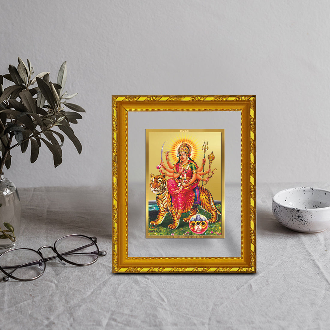 DIVINITI 24K Gold Plated Durga Ji Photo Frame For Home Decor, Puja, Festive Gift (21.5 X 17.5 CM)