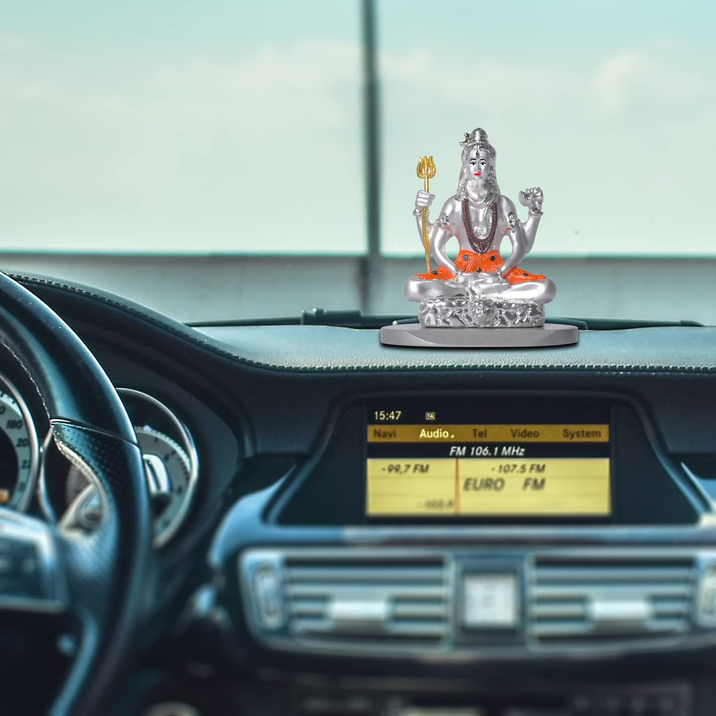 DIVINITI 999 Silver Plated Lord Shiva Idol For Car Dashboard, Living Room, Festival Gift (8 X 7 CM)