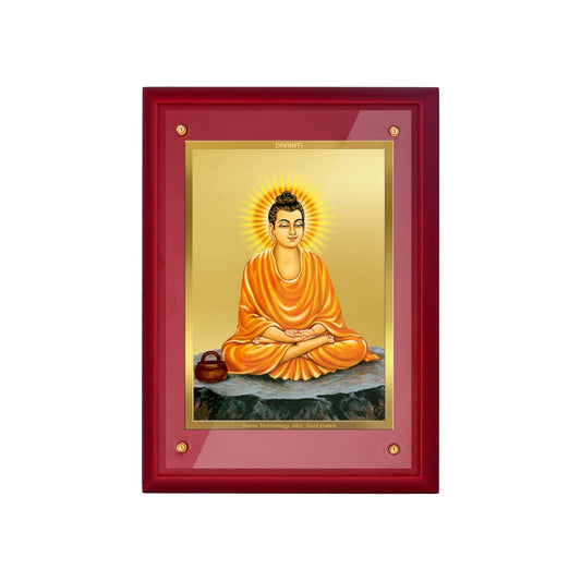 DIVINITI Buddha Gold Plated Wall Photo Frame, Table Décor| MDF 3 Wooden Wall Photo Frame and 24K Gold Plated Foil| Religious Photo Frame Idol For Pooja, Gifts Items (30.0CMX23.0CM)