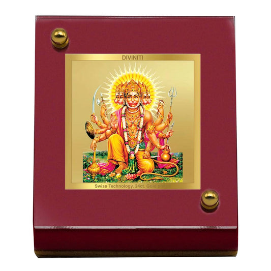 Diviniti 24K Gold Plated Panchmukhi Hanuman Frame For Car Dashboard, Home Decor, Puja (5.5 x 6.5 CM)