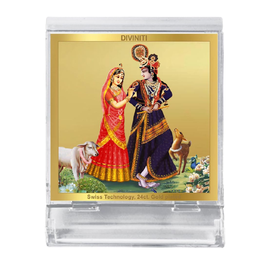 DIVINITI Radhakrishna-4 God Idol Photo Frame for Car Dashboard, Table Décor, Office | ACF 3A Acrylic Frame, 24K Gold Plated Foil|Idol for Pooja, Prayer, Gifts Items (5.8X4.8 cm)