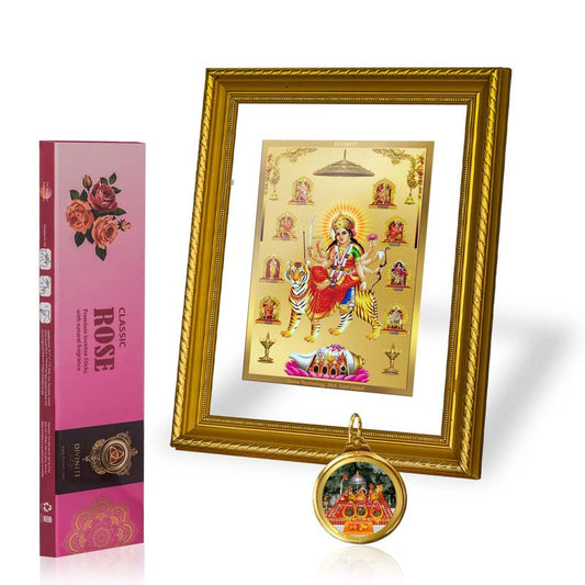 DIVINITI Nav Durga DG 2.5 Gold Plated Photo Frame, 24K Double sided Gold Plated Pendant 18 MM and Classic Rose Incense Sticks For Navratri Festival Prayer & Auspicious Occasion (Combo Pack)