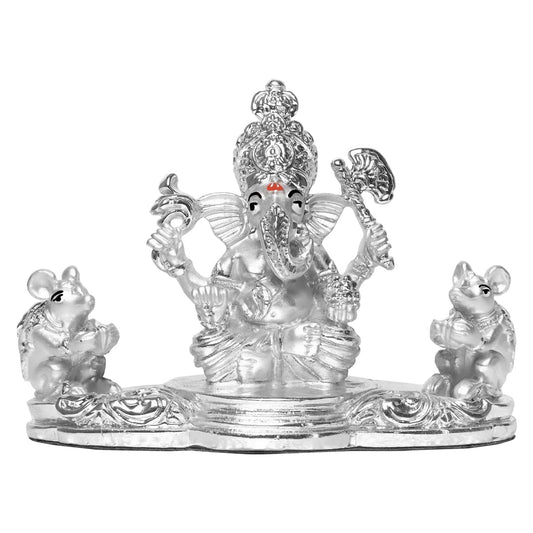 DIVINITI 999 Silver Plated Ganesha and Mooshak Idol For Home Decor, Tabletop, Puja Room (8.7 X 11.6 CM)