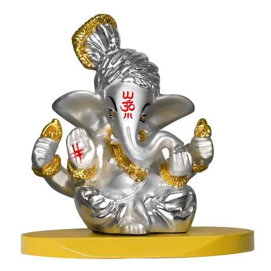 DIVINITI 999 Silver Plated Pagdi Ganesha Idol For Home Decor, Car Dashboard, Tabletop (7.5 X 7.5 CM)