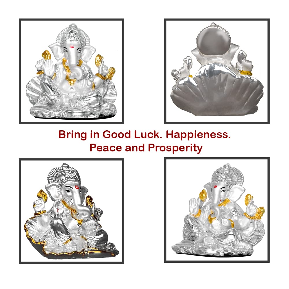 Diviniti Lord Ganesha Idol for Home Decor| 999 Silver Plated Sculpture of Lord Ganesha in Seep| Idol for Home, Office, Temple and Table Decoration| Religious Idol For Pooja, Gift (10 X 5.3 X 9.5)CM