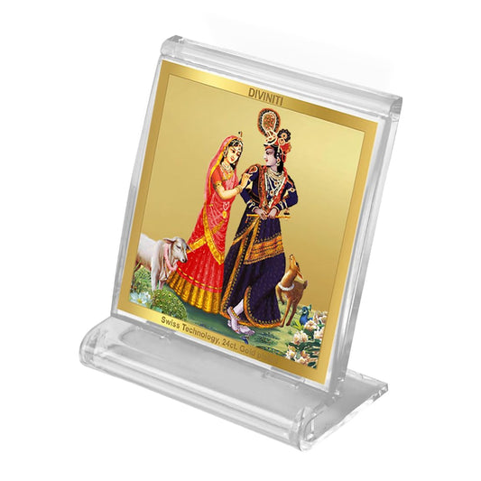 DIVINITI Radhakrishna-4 God Idol Photo Frame for Car Dashboard, Table Décor, Office | ACF 3A Acrylic Frame, 24K Gold Plated Foil|Idol for Pooja, Prayer, Gifts Items (5.8X4.8 cm)