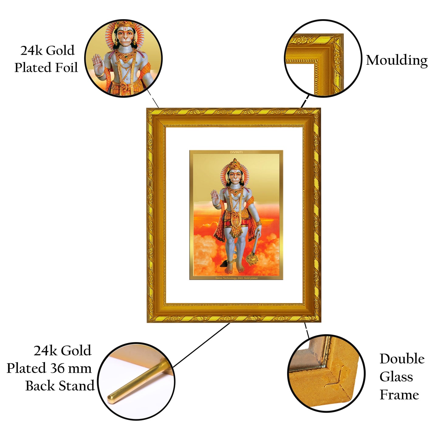 DIVINITI 24K Gold Plated Lord Hanuman Photo Frame For Home Decor, Worship, Festive Gift (21.5 X 17.5 CM)