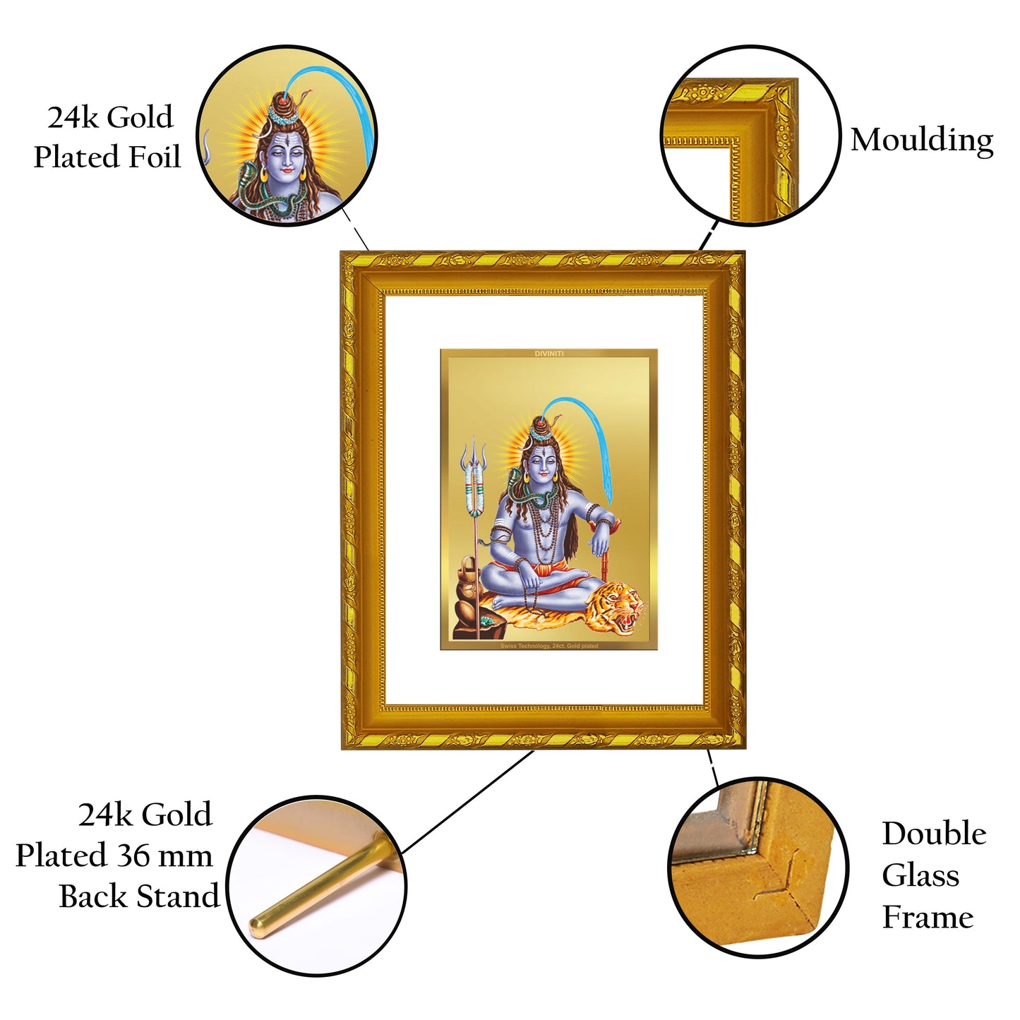 DIVINITI 24K Gold Plated Lord Shiva Wall Photo Frame For Home Decor, Puja, Luxury Gift (21.5 X 17.5 CM)