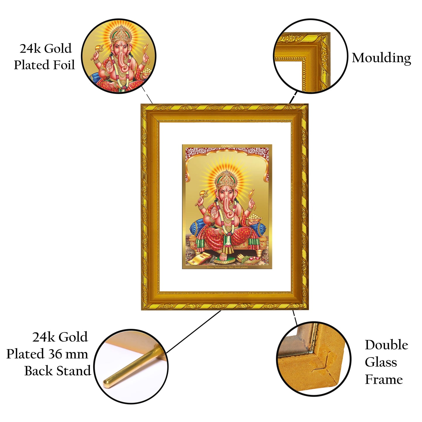 DIVINITI 24K Gold Plated Lord Ganesha Photo Frame For Home Wall Decor, Tabletop, Worship (21.5 X 17.5 CM)