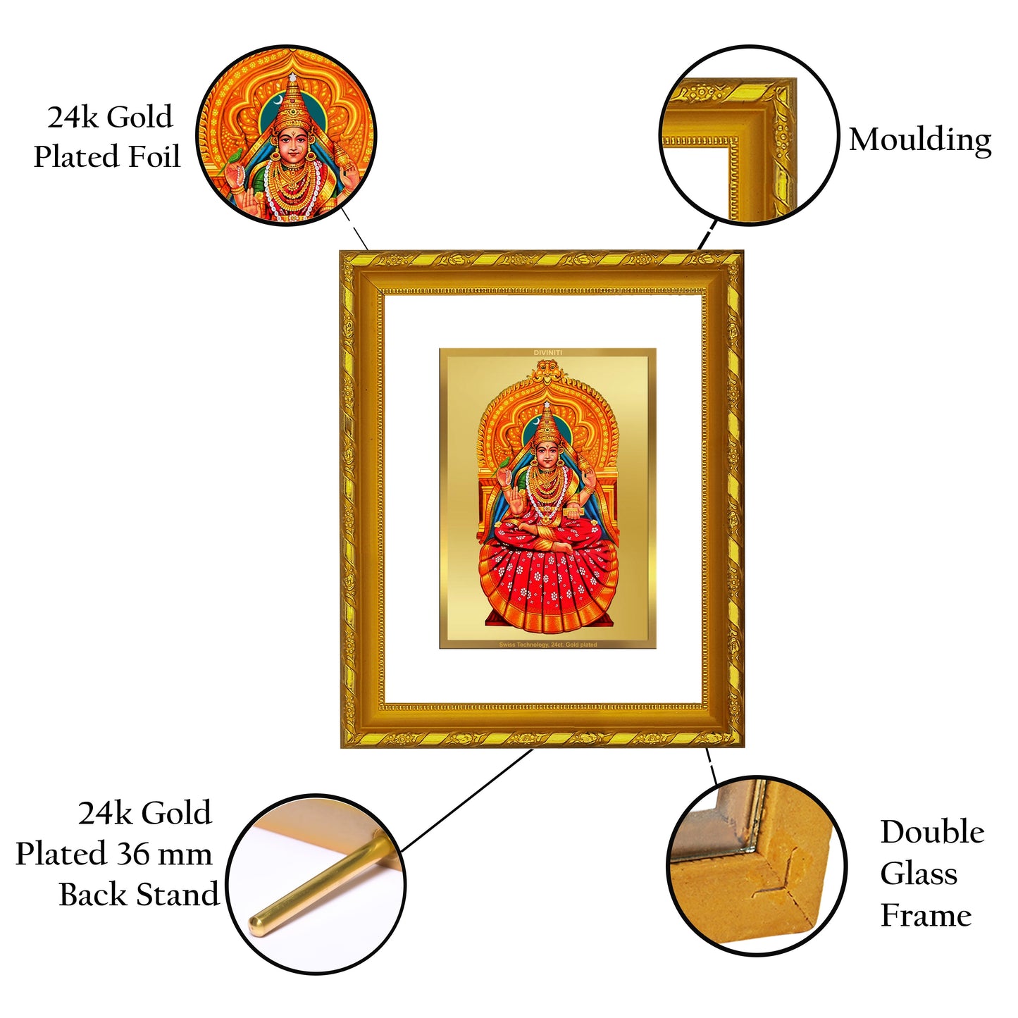 DIVINITI 24K Gold Plated Sharda Mata Photo Frame For Home Wall Decor, Tabletop, Puja (21.5 X 17.5 CM)