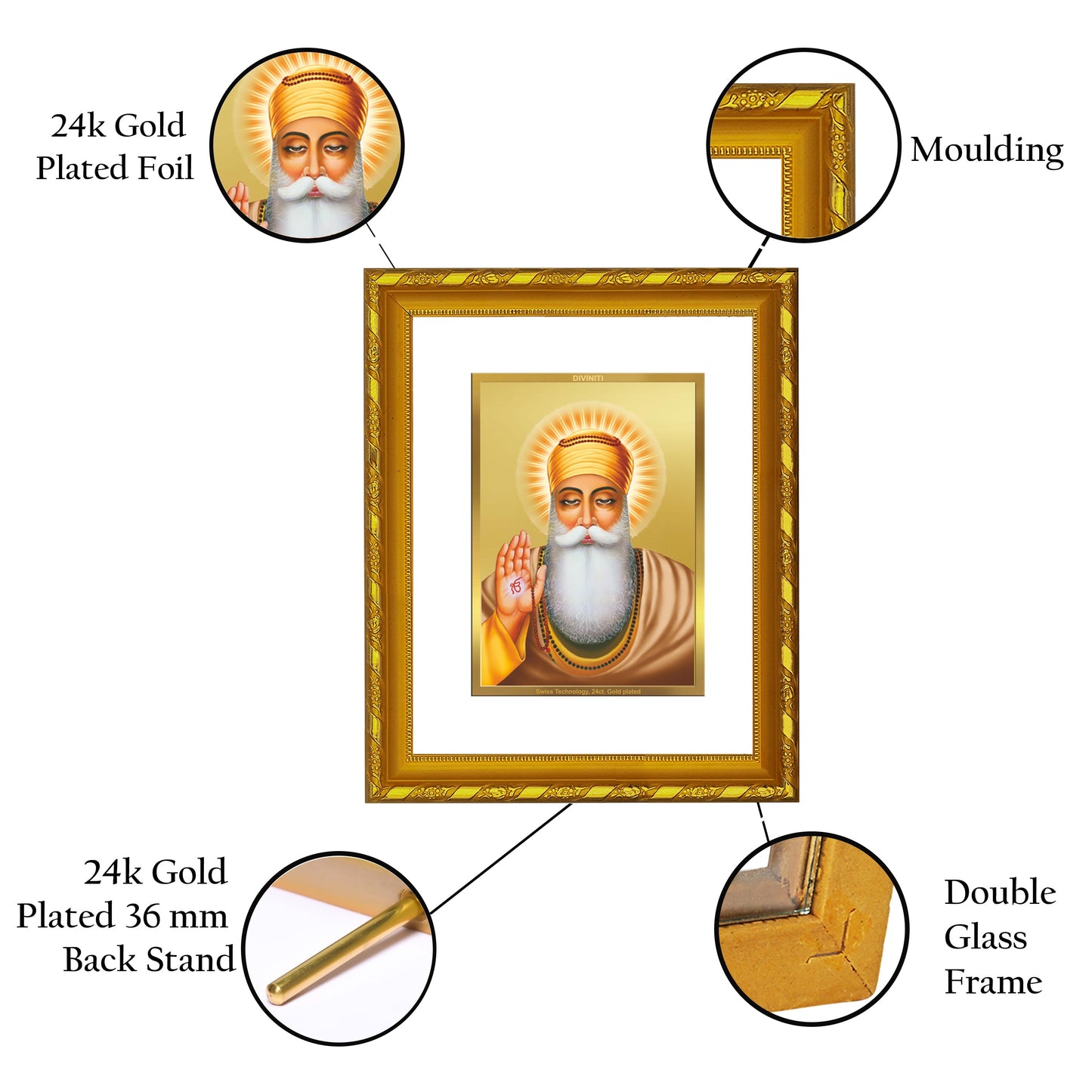 DIVINITI 24K Gold Plated Guru Nanak Photo Frame For Home Wall Decor, Tabletop, Gift (21.5 X 17.5 CM)