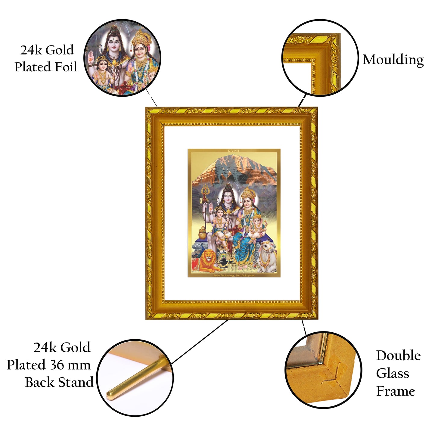 DIVINITI 24K Gold Plated Shiv Parivar Home Wall Decor, Puja, Festival Gift (21.5 X 17.5 CM)