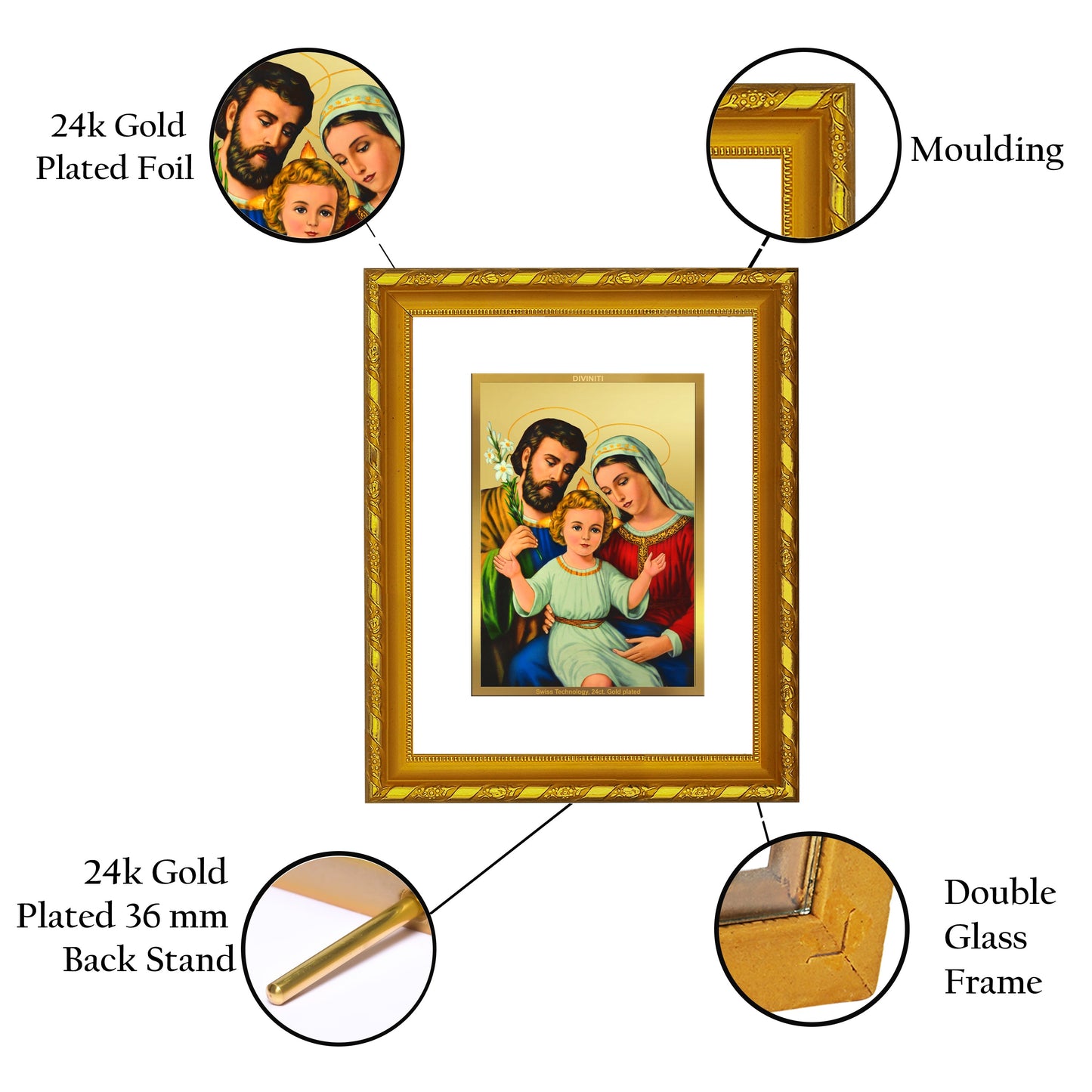 DIVINITI 24K Gold Plated Holy Family Wall Photo Frame For Home Decor, Tabletop, Gift (21.5 X 17.5 CM)