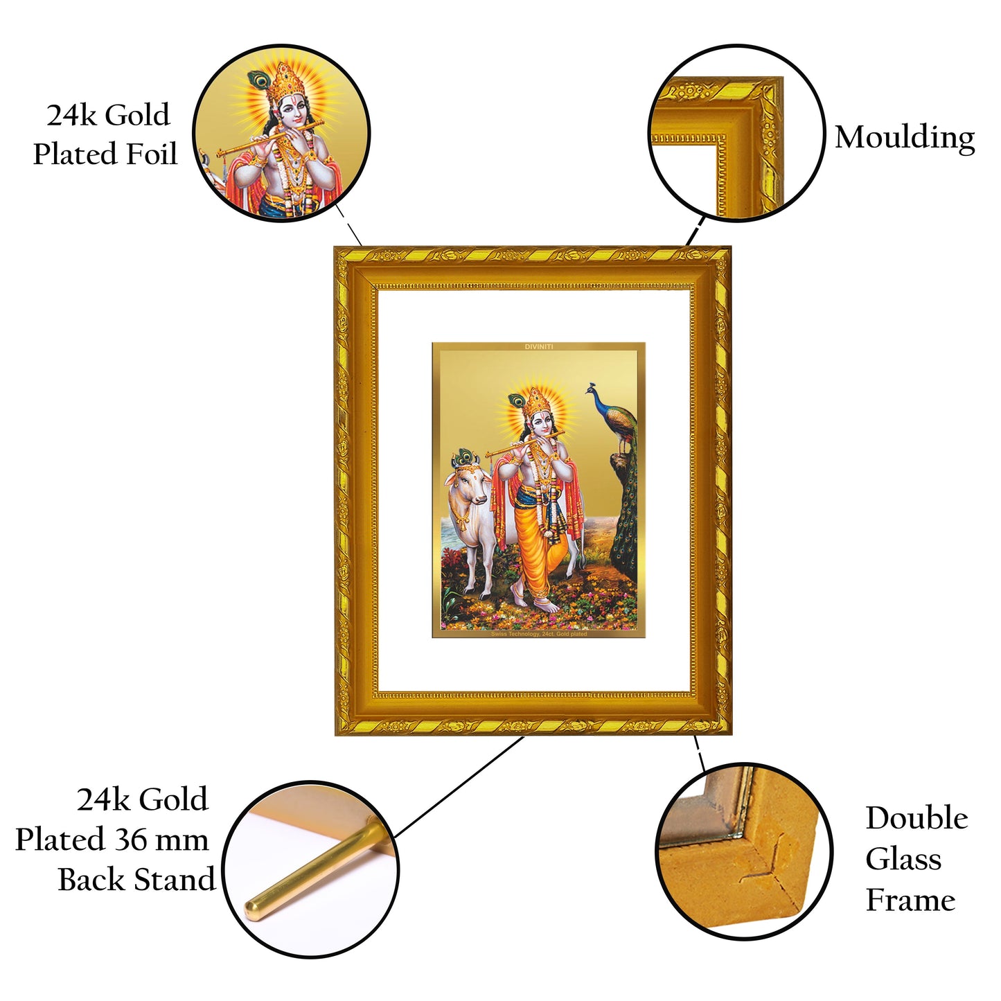 DIVINITI 24K Gold Plated Lord Krishna Photo Frame For Home Wall Decor, Tabletop, Puja (21.5 X 17.5 CM)