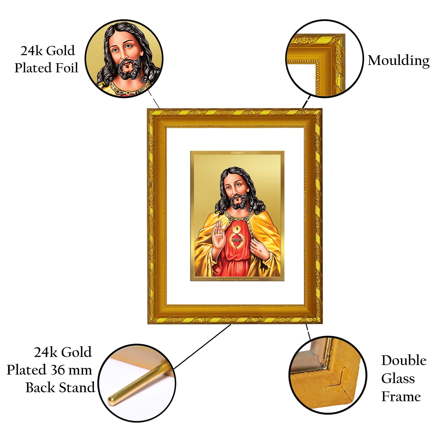 DIVINITI 24K Gold Plated Jesus Christ Photo Frame For Home Decor, Tabletop, Festive Gift (21.5 X 17.5 CM)