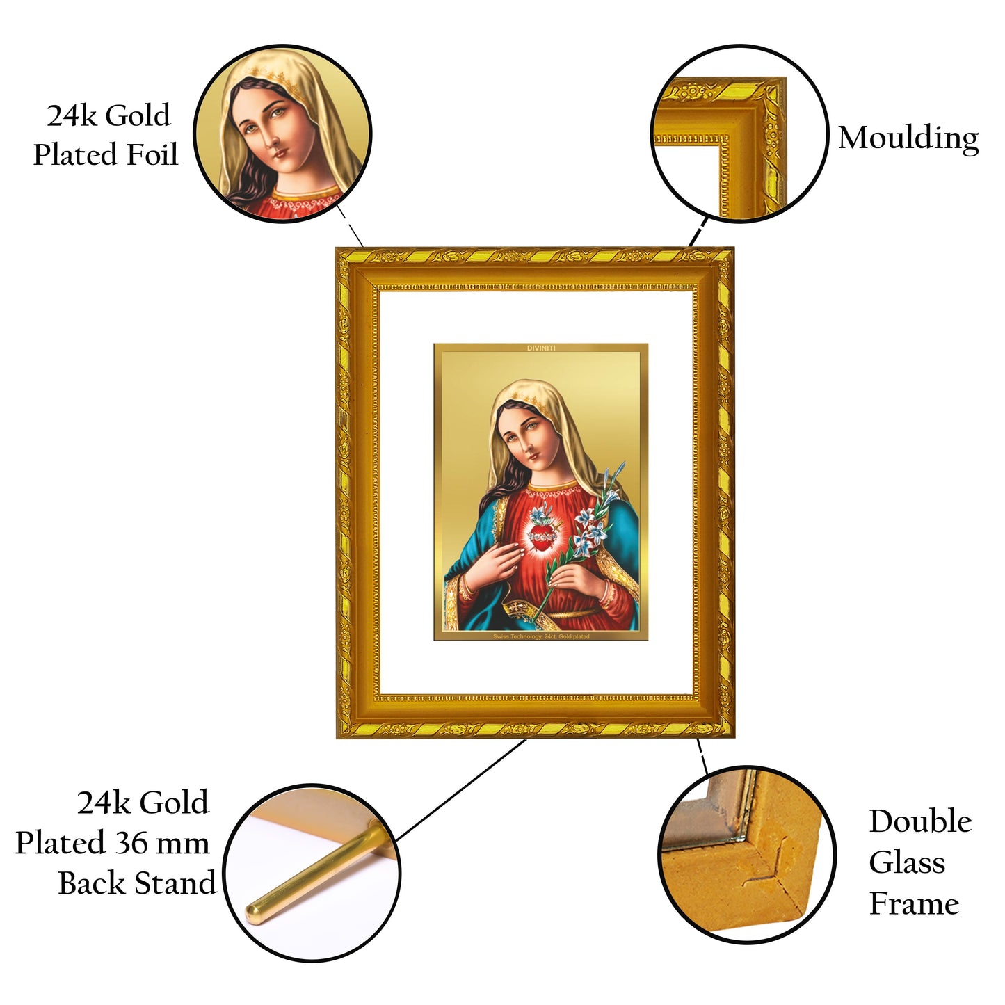 DIVINITI 24K Gold Plated Mother Mary Photo Frame For Home Wall Decor, Prayer, Gift (21.5 X 17.5 CM)